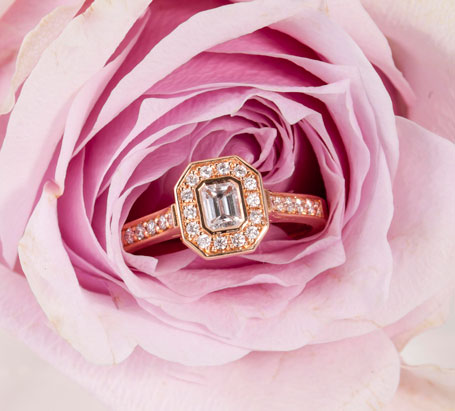 Rose-Gold-Halo-Engagement-Ring-Emeral-Cut-Rhiannon-Jewels of the Kimberley, Broome, Western Australia. Engagement and wedding rings, Argyle dimonds and South Sea Pearls